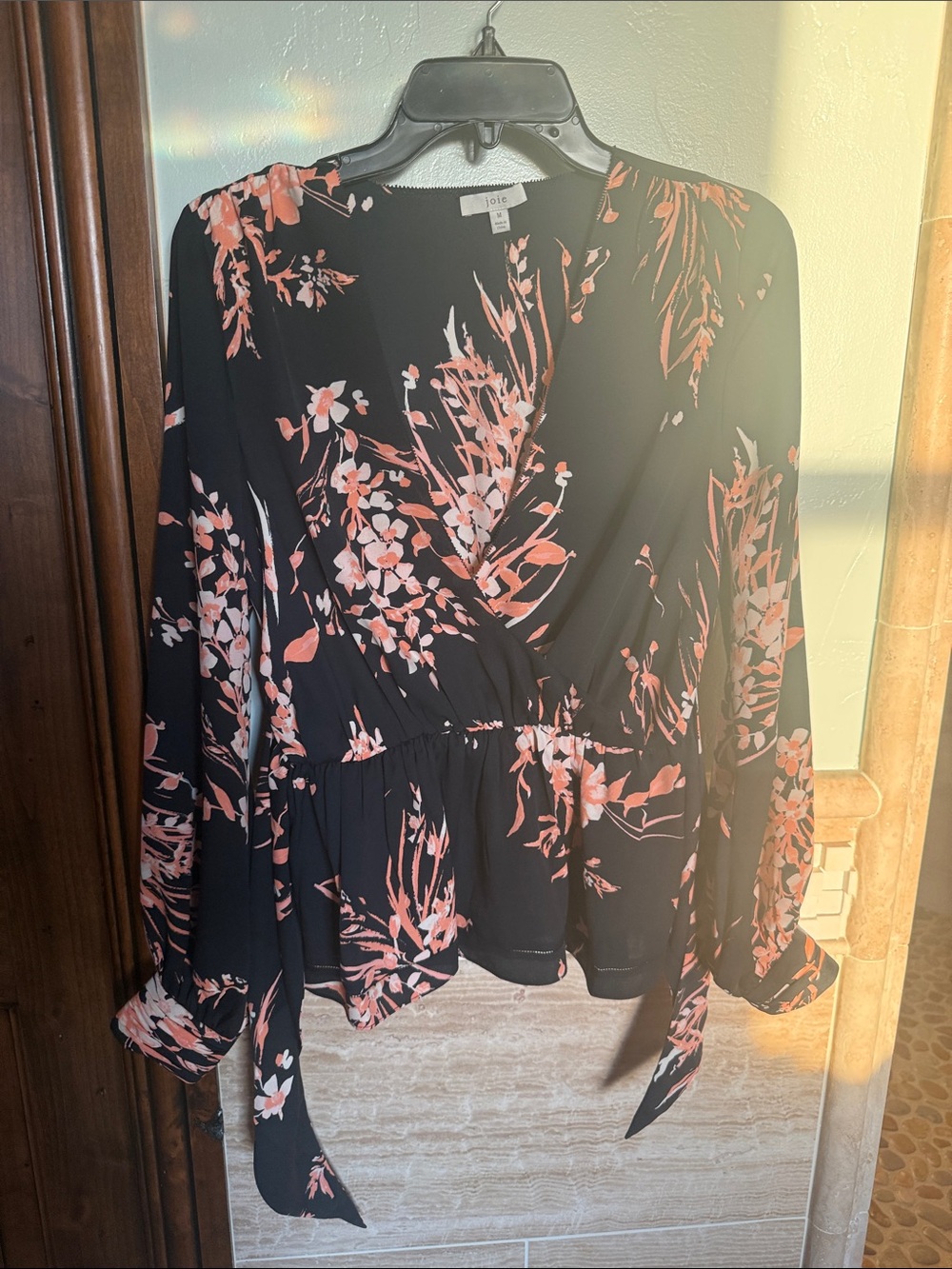 Joie Black Wrap Blouse with Coral Floral Print